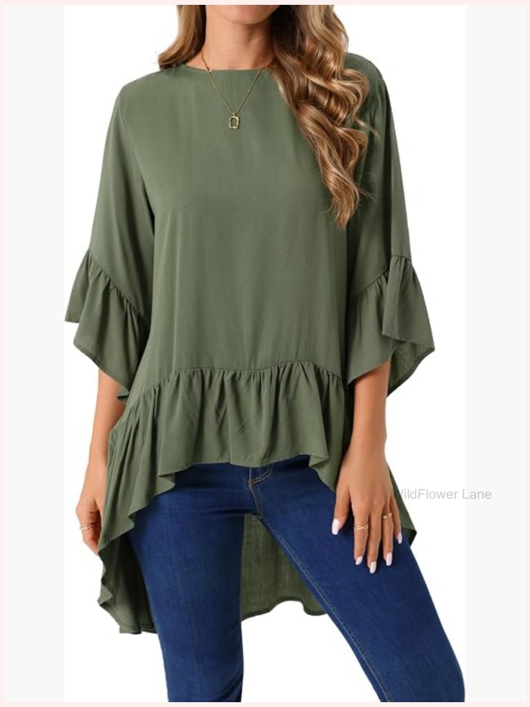 Women's Casual Blouse 3/4 Sleeve High Low Tunic Top